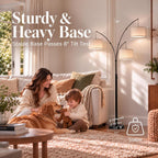 3 Light Arc Floor Lamp with Remote, Beige Shade Black Pole