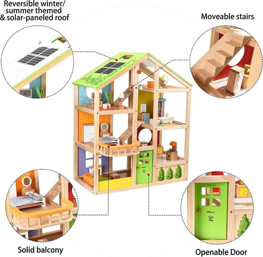 All Seasons Kids Wooden Dollhouse by Hape | Award Winning 3 Story Dolls House Toy with Furniture, Accessories, Movable Stairs and Reversible Season