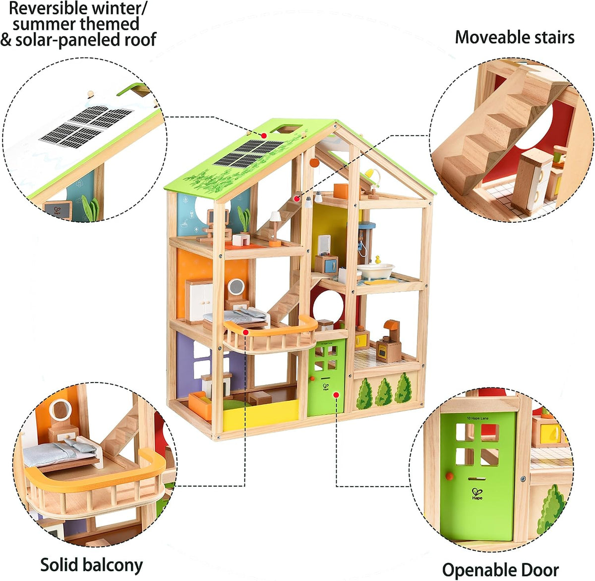 All Seasons Kids Wooden Dollhouse by Hape | Award Winning 3 Story Dolls House Toy with Furniture, Accessories, Movable Stairs and Reversible Season