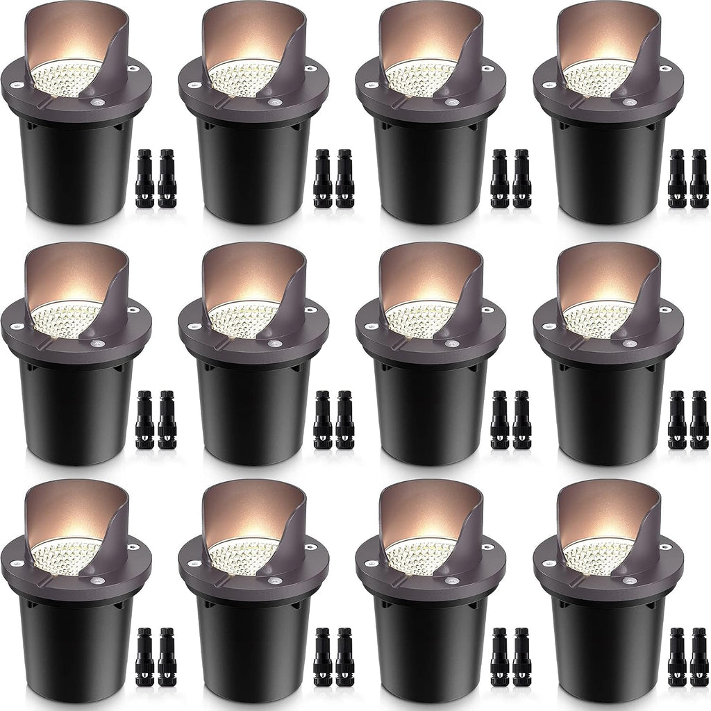 SUNVIE 12-Pack 12W 3000K LED Low Voltage Landscape Well Lights, Shield Top