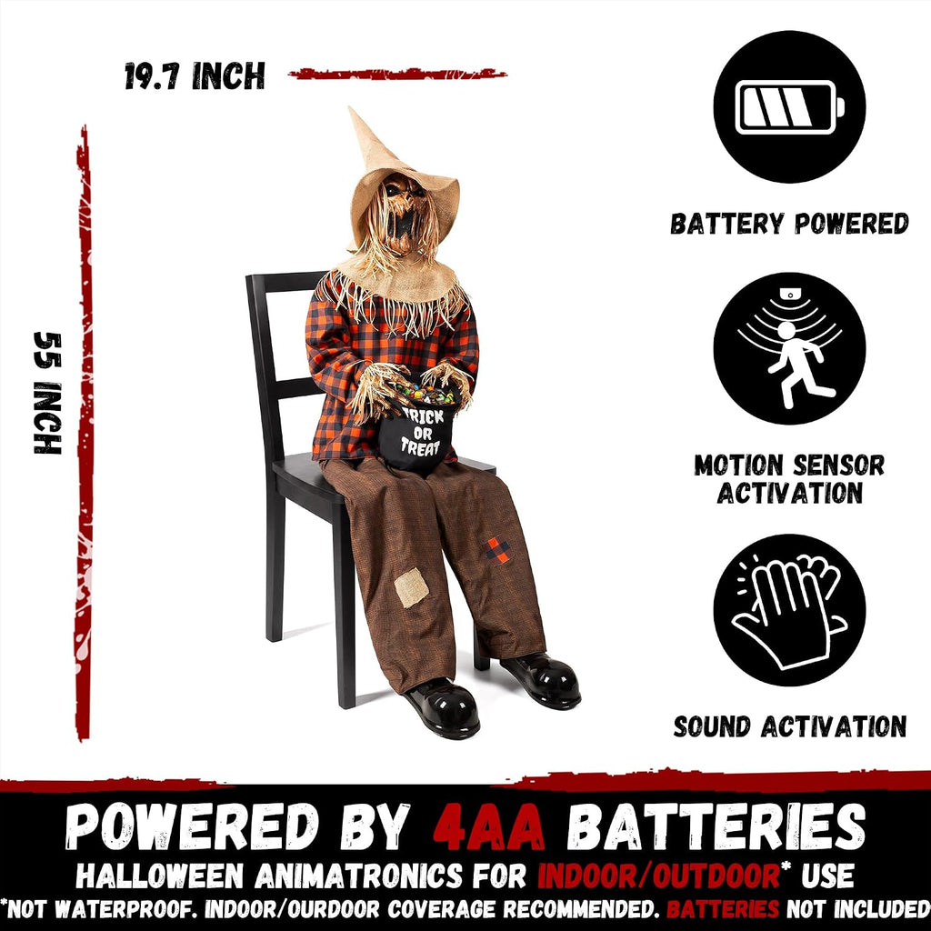 Halloween Animatronics Decorations Scary Sitting Scarecrow with Candy Bag, 55'' Animated Jumpscare Halloween Props with Sound & Motion Activated