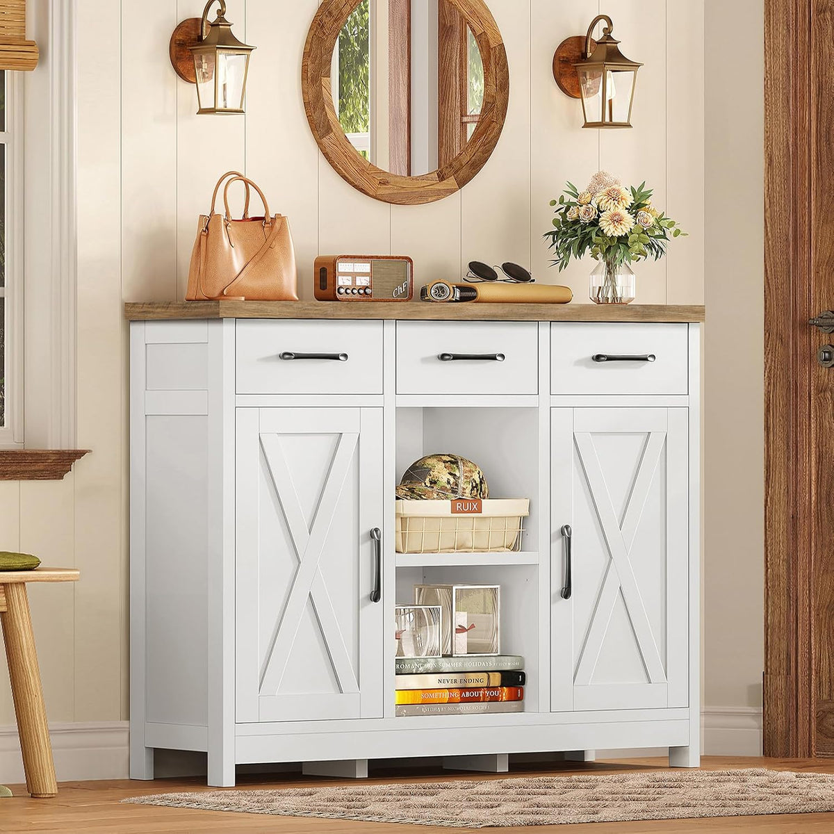 Storage Cabinet, Coffee Bar Cabinet with 3 Drawers, 2 Adjustable Shelves & 2 Doors, Buffet Cabinet, Kitchen Cabinet for Kitchen, Dining Room, Living