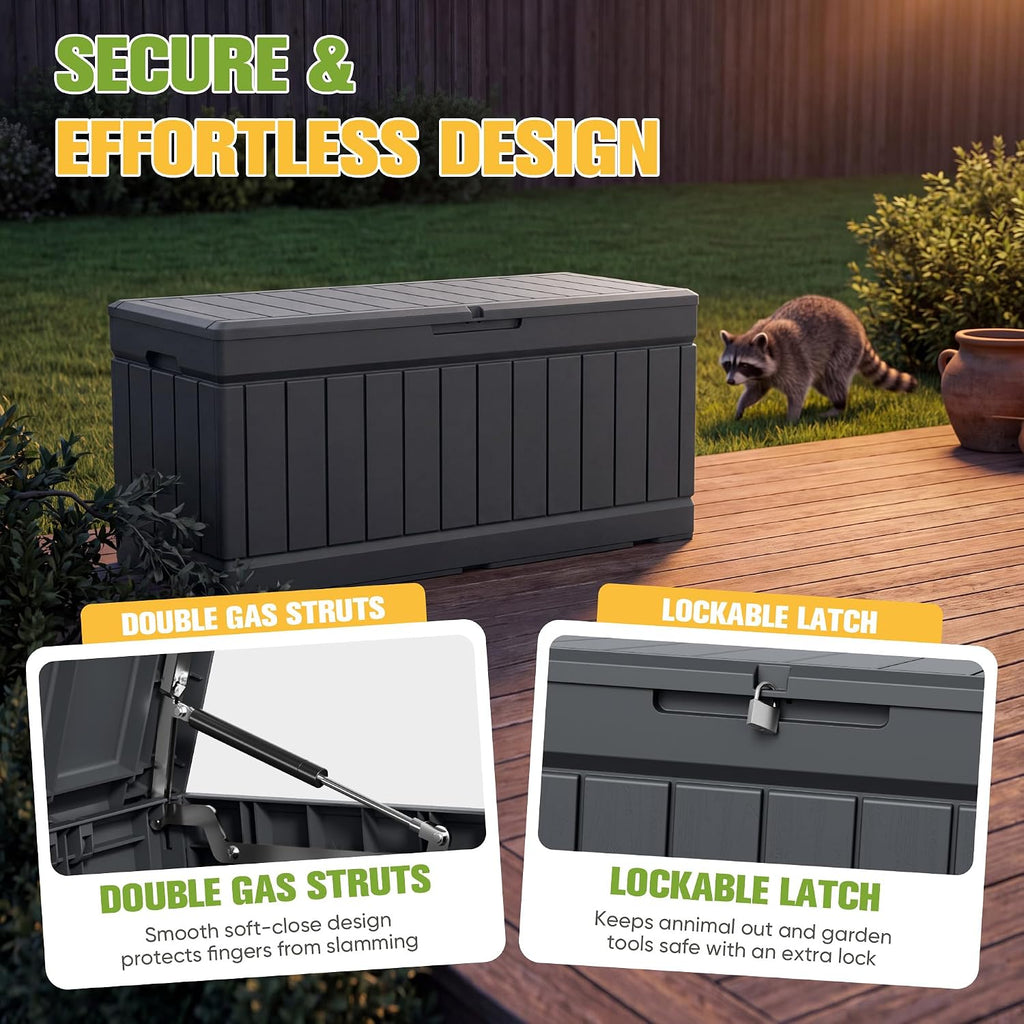 Greesum 82 Gallon Resin Deck Box, All Weather Outdoor Storage, Dark Gray