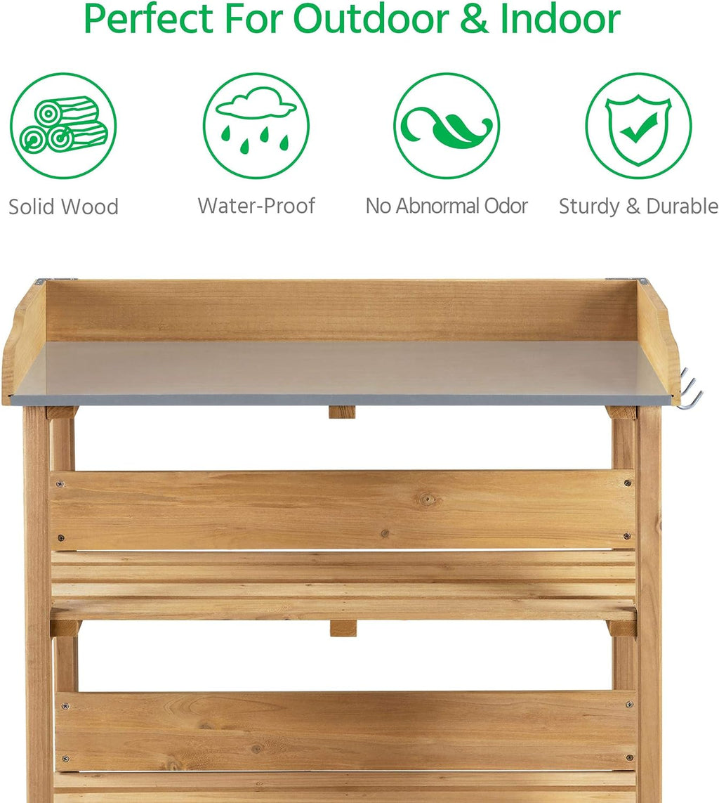 Yaheetech Potting Bench Outdoor Console Table w/3-Tier Storage,Natural Wood