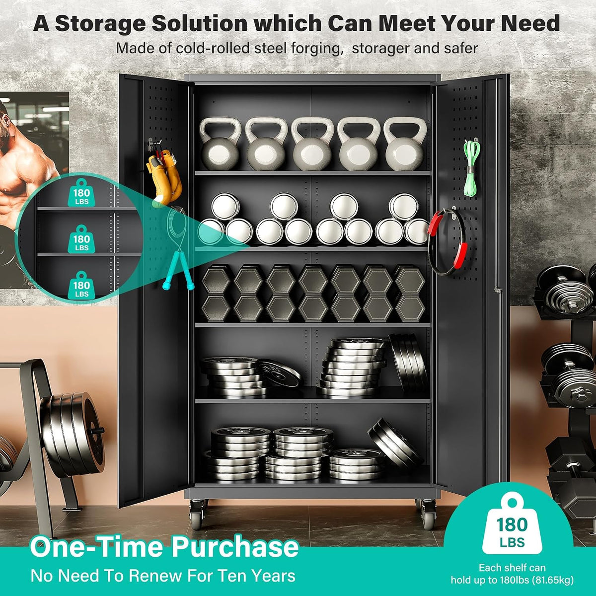 Wide & Deep Metal Storage Cabinet with Wheels,Tall Rolling Garage Storage Cabinet with Lock,Black Metal Cabinets with Shelves and Pegboards,Tool