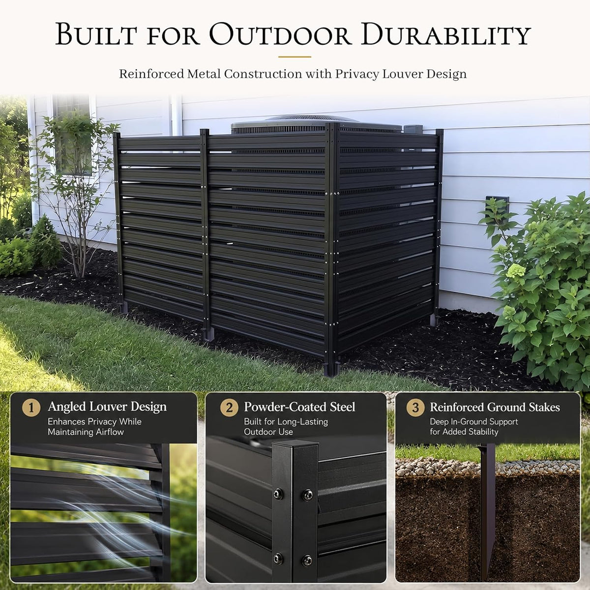 Air Conditioner Fence 3 Panels, 42" H x 9.5 FT W Metal Outdoor Privacy Screen, No Digging HVAC Fence with Louvered Panels, Privacy Fence for AC Unit