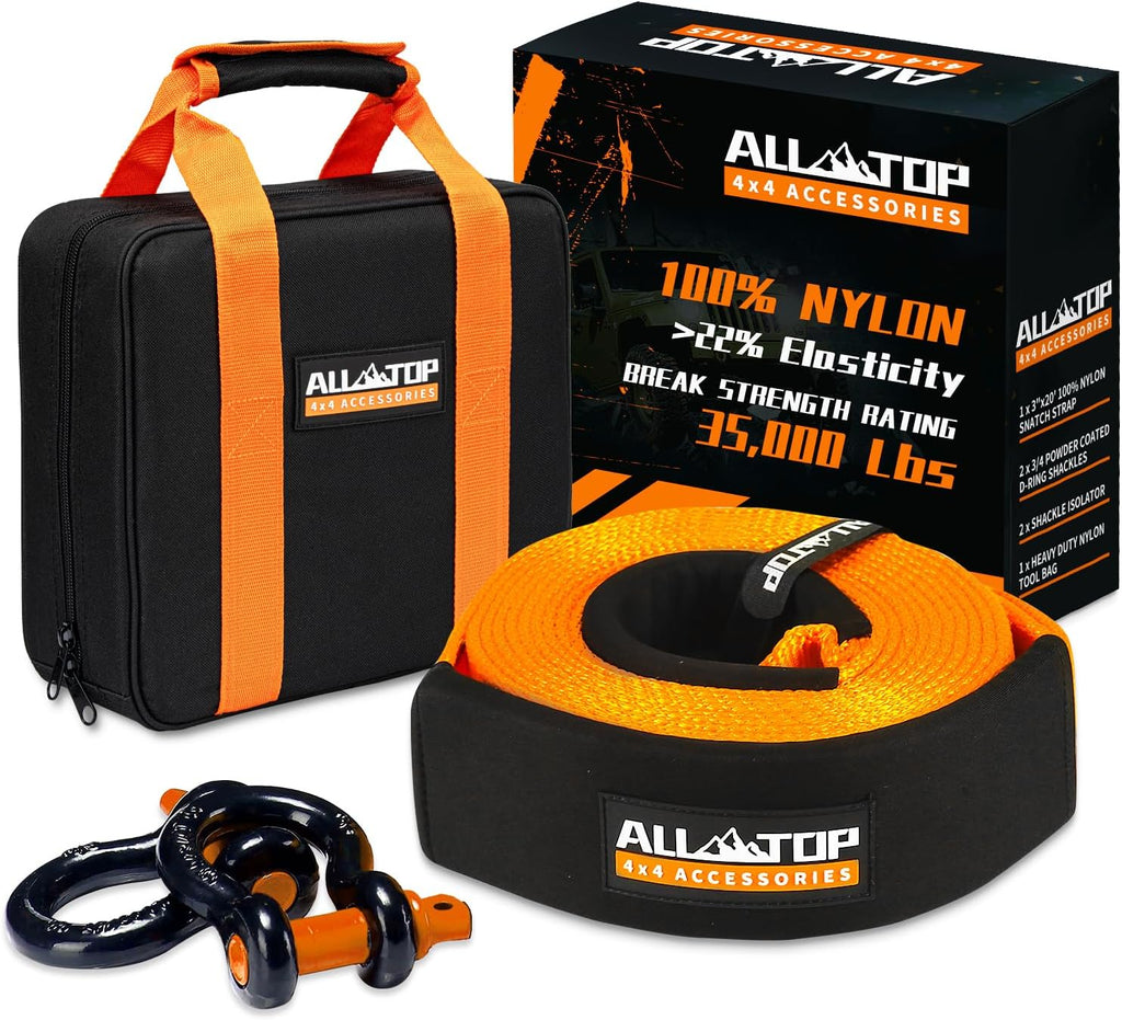 ALL-TOP Heavy Duty Tow Strap Recovery Kit: 3 inch x 20ft (35,000lbs) 100% Nylon and 22% Elongation Snatch Strap + 3/4 Heavy Duty D Ring Shackles