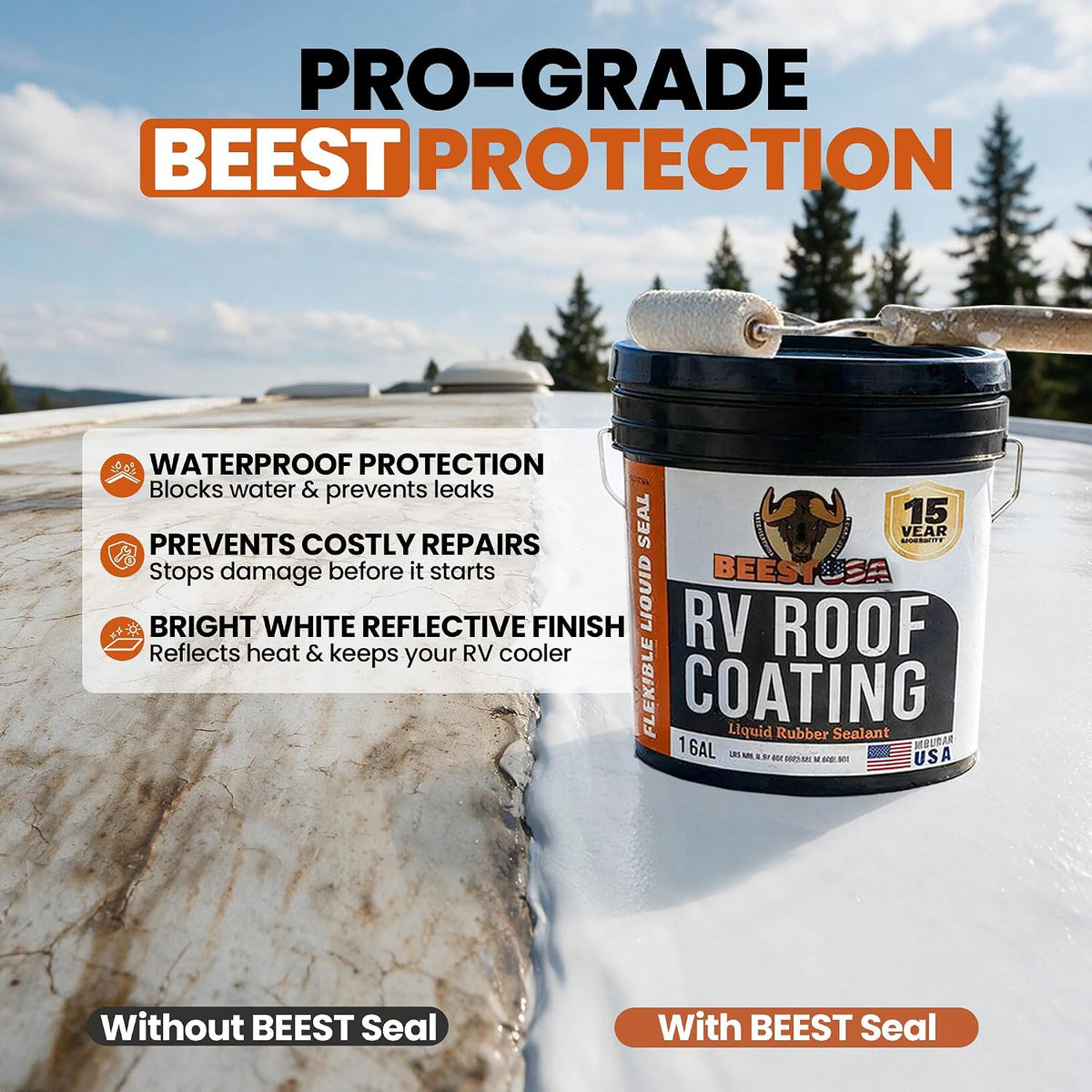 BEEST RV Roof Coating White, 1 Gallon Covers up to 50 sq ft (2 Coats), Solar Reflective & Waterproof Sealant| Elastomeric Leak Repair Coating, Liquid