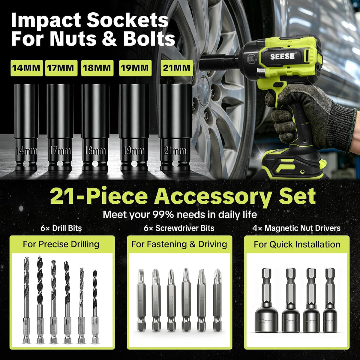 SEESE Cordless Impact Wrench Kit: 590 Ft-lbs(800N.m) 3500IPM High Torque