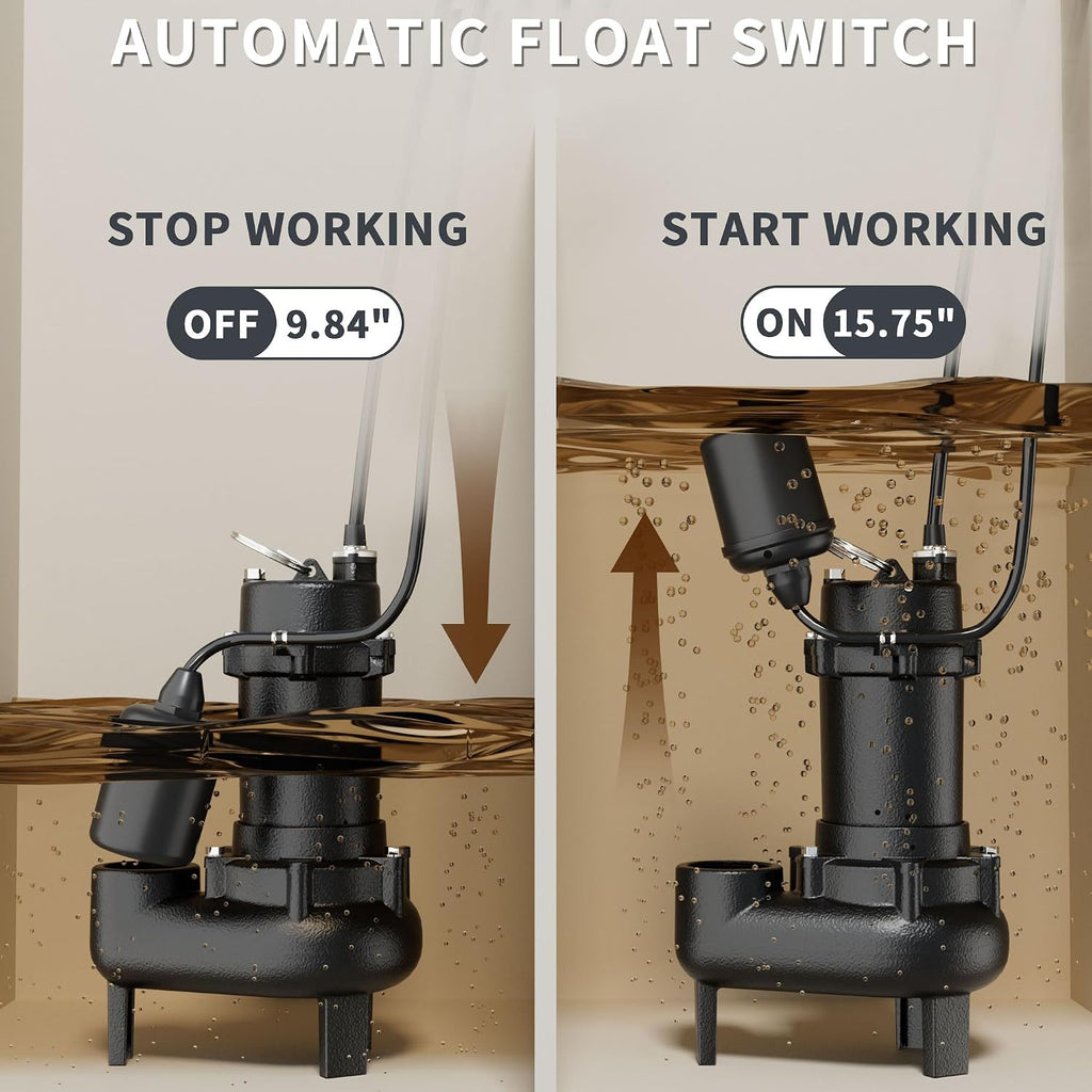 LANCHEZ 1HP 6600 GPH Submersible Sewage Pump, Heavy Duty Cast Iron Effluent Pump with Automatic Tethered Float Switch, Sump Pump for Sump Basin