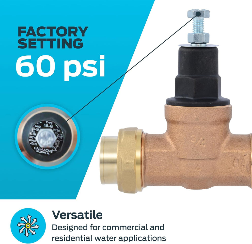 Cash Acme EB45 Pressure Regulating Valve, Double Union, 3/4 Inch NPT Female, Poly Top, 60 PSI, PVA16P-DUTH-60, Brass