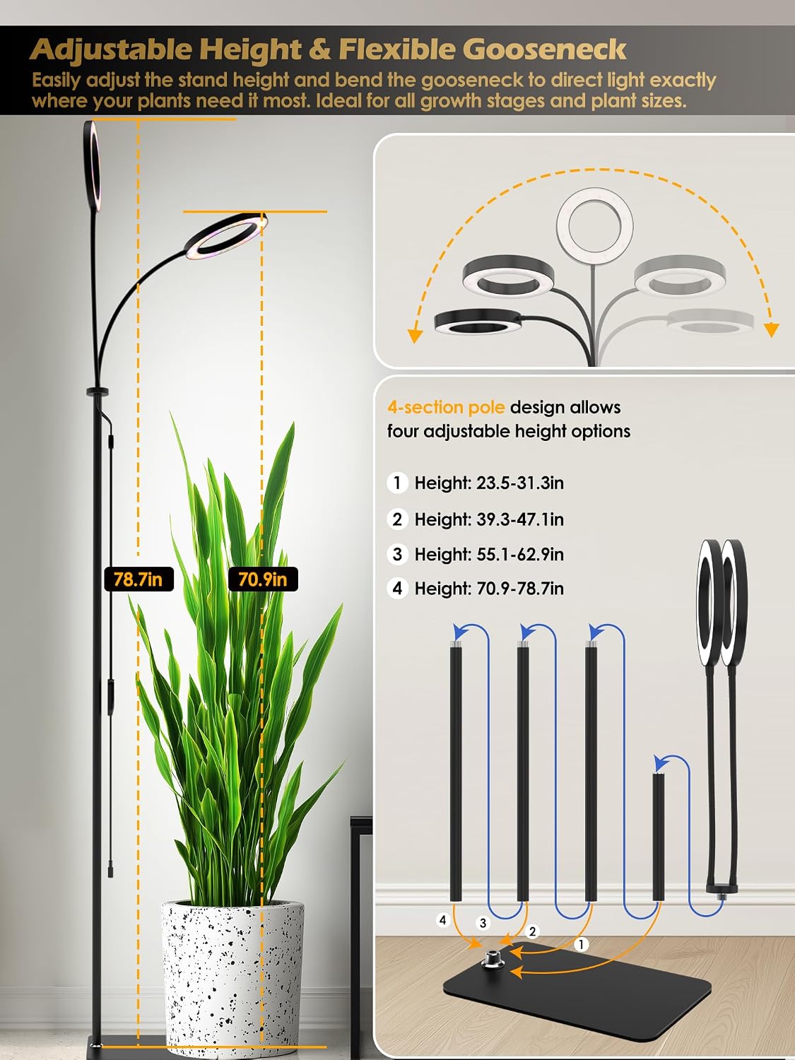 48W Grow Lights for Indoor Plants, Full Spectrum LED Plant Light with Stand