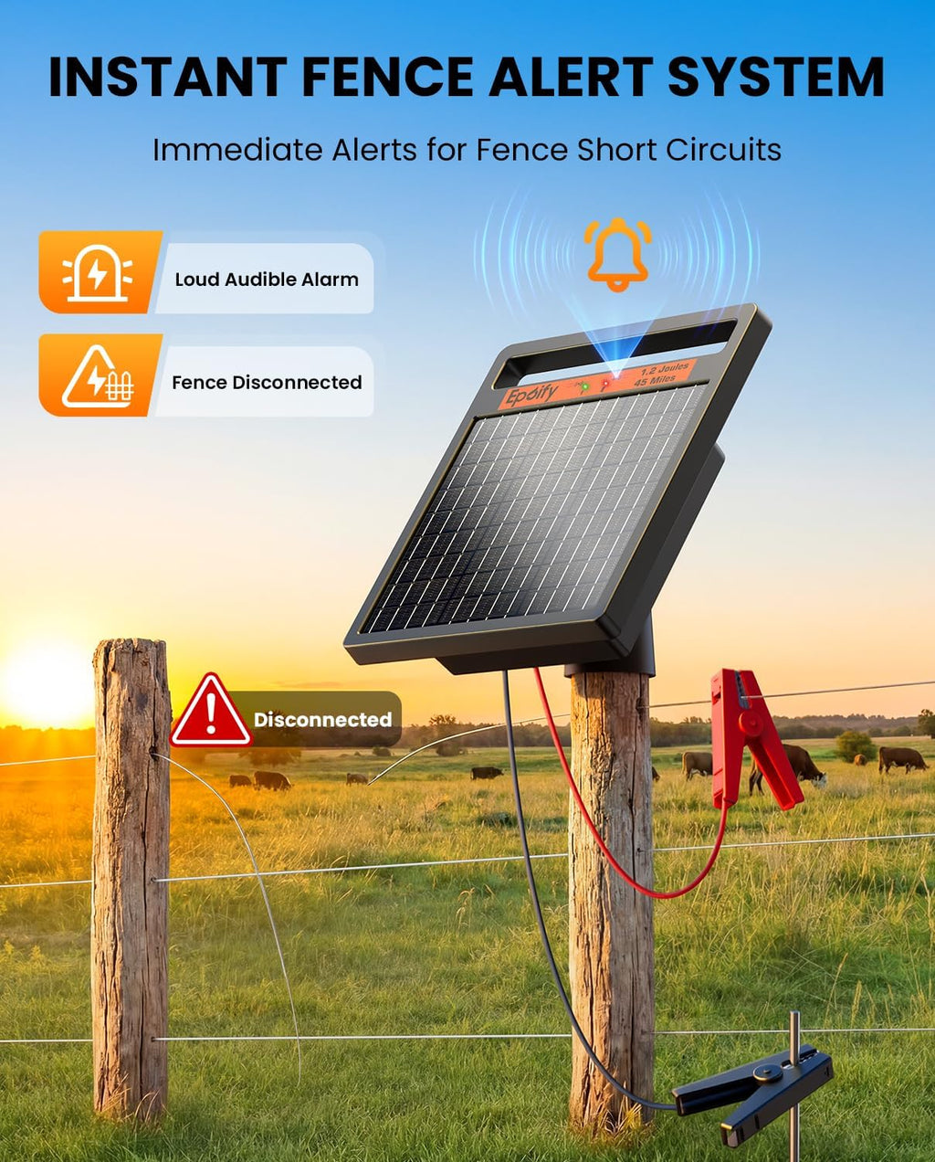 Solar Electric Fence Charger, 1.2J 45 Mile with Short Circuit Alarm