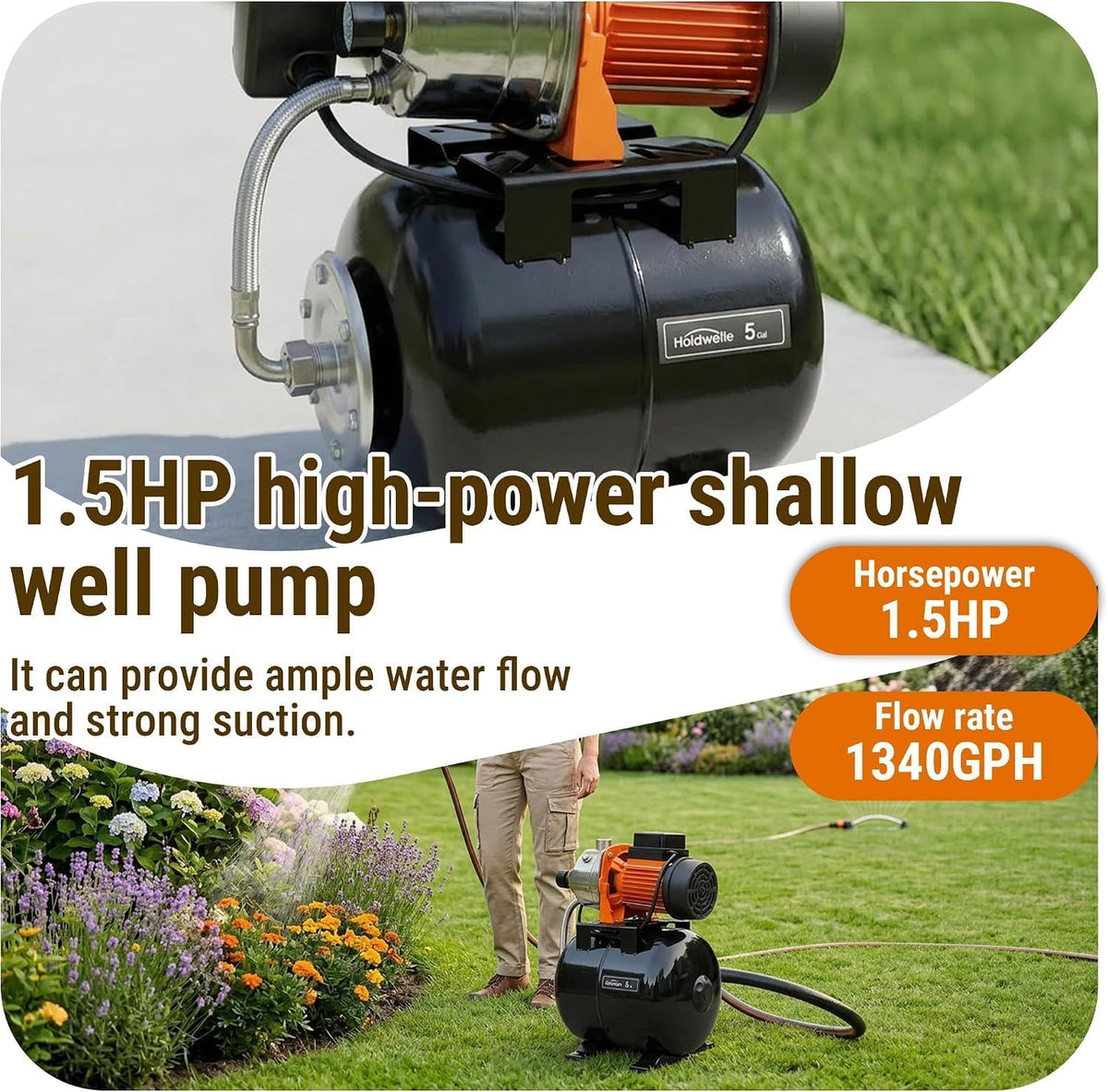 HoldwellS 115V Shallow Well Jet Pump with 5 Gallon Pressure Tank 1320 GPH Stainless Steel Automatic Water Booster Pump with Pressure Switch & Gauge