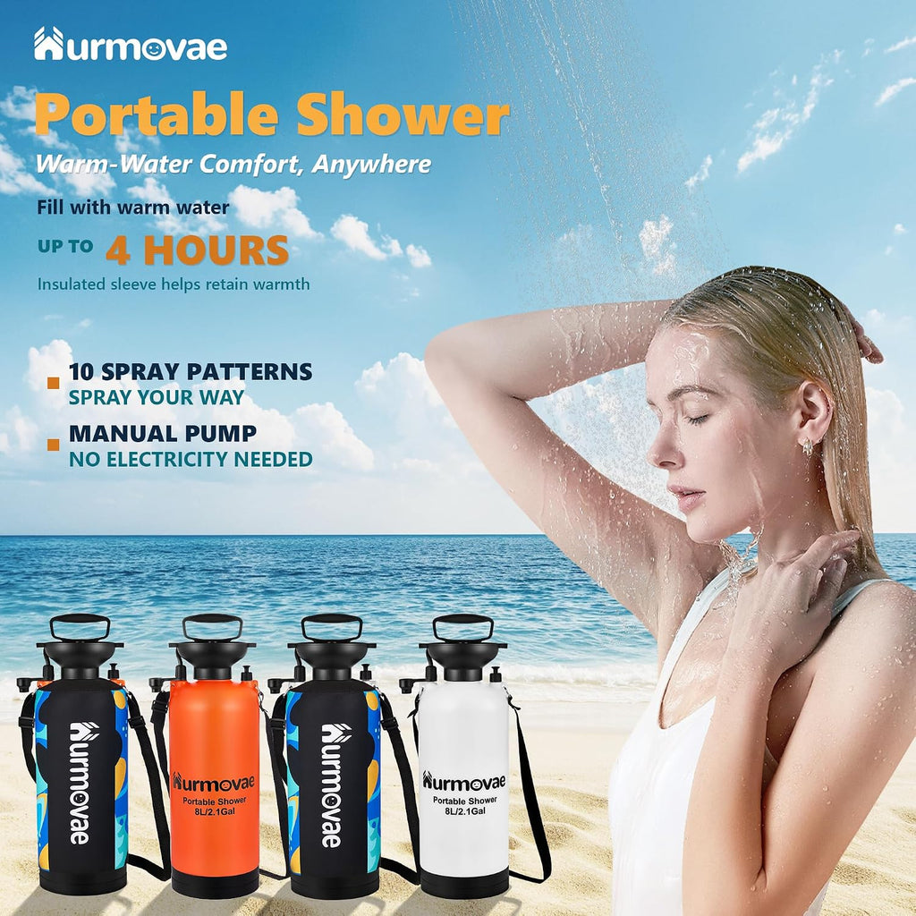 8L/2.1-Gal Portable Shower for Beach & Camping, 10 Spray Patterns