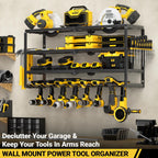 4 Layer Power Tool Organizer Wall Mount, Cordless Drill Hanger Storage Rack, Battery Tools Holder with Charging Station Shelf for Garage Organization