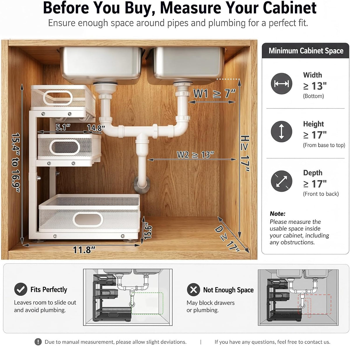 Under Sink Organizer, 3 Tier Pull Out Cabinet Organizer with 5 Adjustable Heights, Metal Under Sink Storage with Sliding Drawers for Kitchen