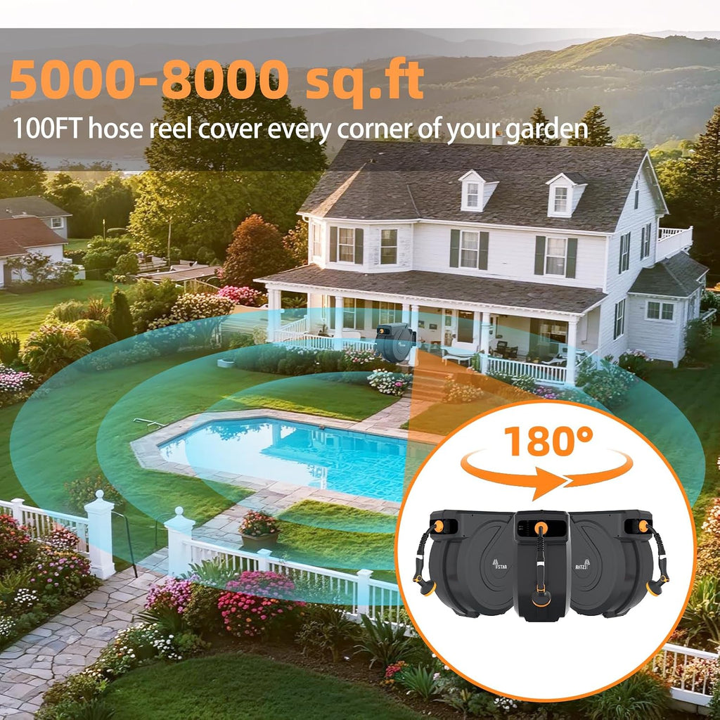 Retractable Garden Hose Reel 5/8 in x100 ft， Wall Mounted Hose Reel