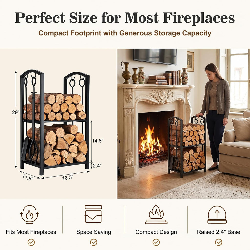 Firewood Rack Log Holder with 4-Piece Fireplace Tool Set, 29" H