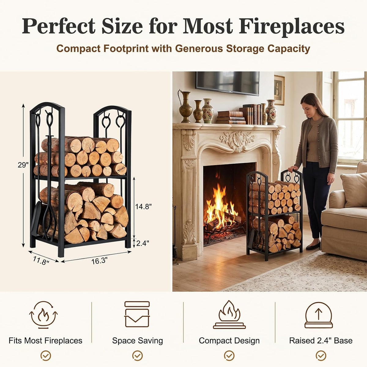 Firewood Rack Log Holder with 4-Piece Fireplace Tool Set, 29" H