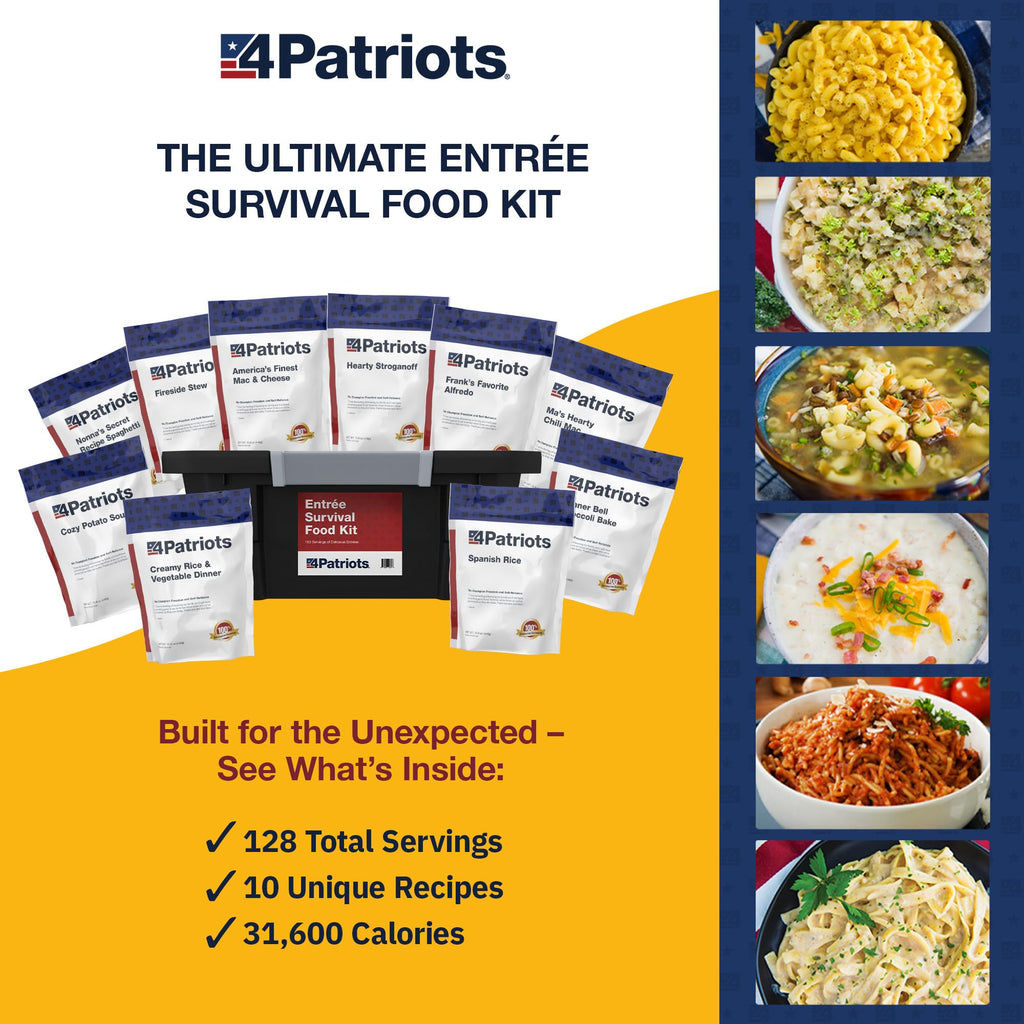 4Patriots Emergency Entree Food Kit – 128 Servings, Tasty Freeze-Dried MRE Survival Meals, 25 Year Shelf Life