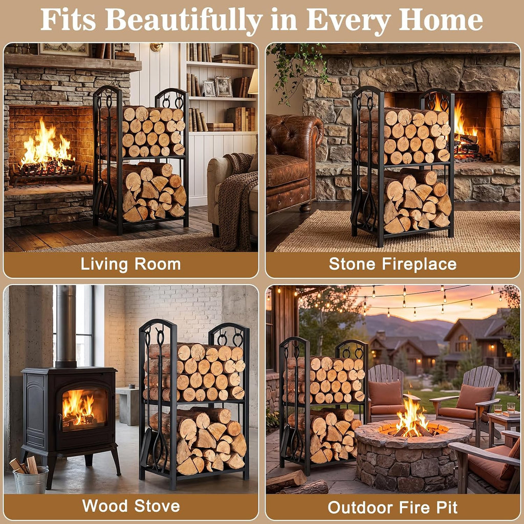 Firewood Rack Log Holder with 4-Piece Fireplace Tool Set, 29" H