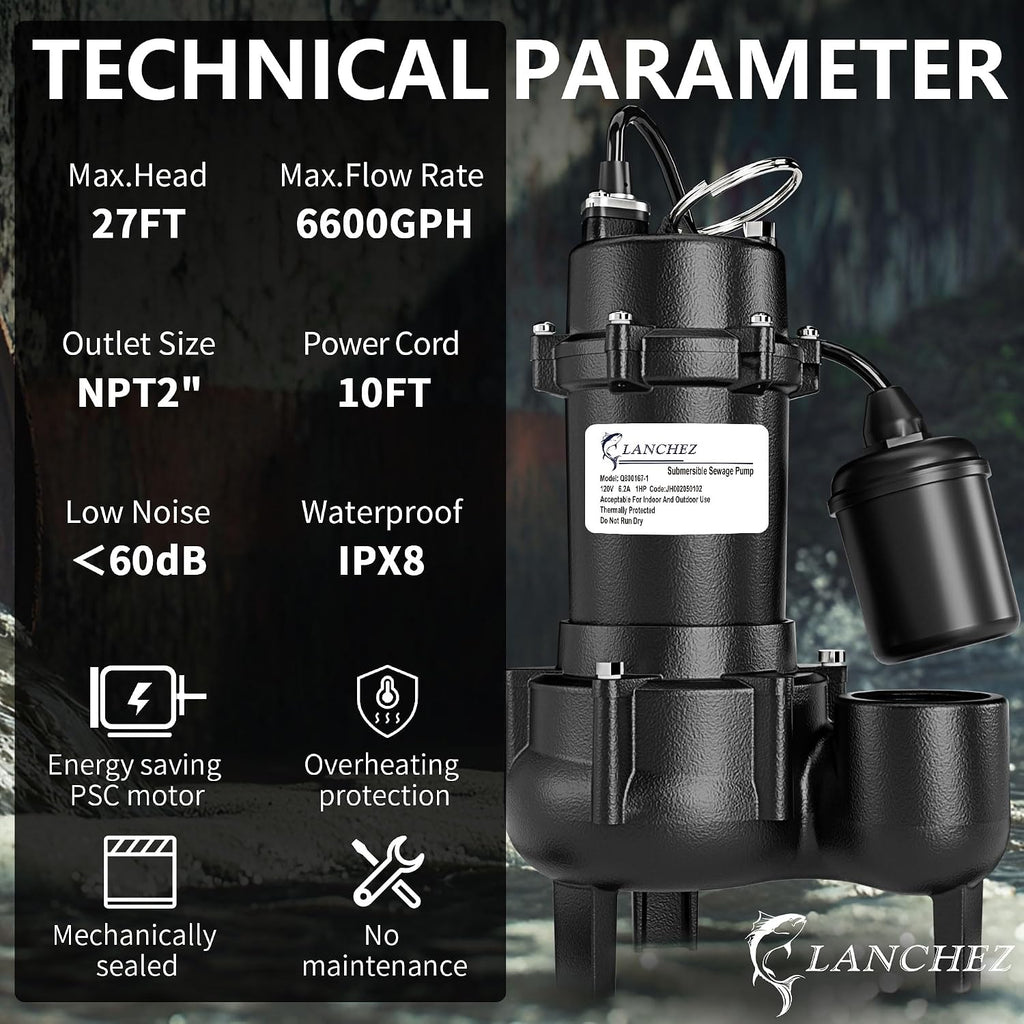LANCHEZ 1HP 6600 GPH Submersible Sewage Pump, Heavy Duty Cast Iron Effluent Pump with Automatic Tethered Float Switch, Sump Pump for Sump Basin
