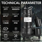 LANCHEZ 1HP 6600 GPH Submersible Sewage Pump, Heavy Duty Cast Iron Effluent Pump with Automatic Tethered Float Switch, Sump Pump for Sump Basin