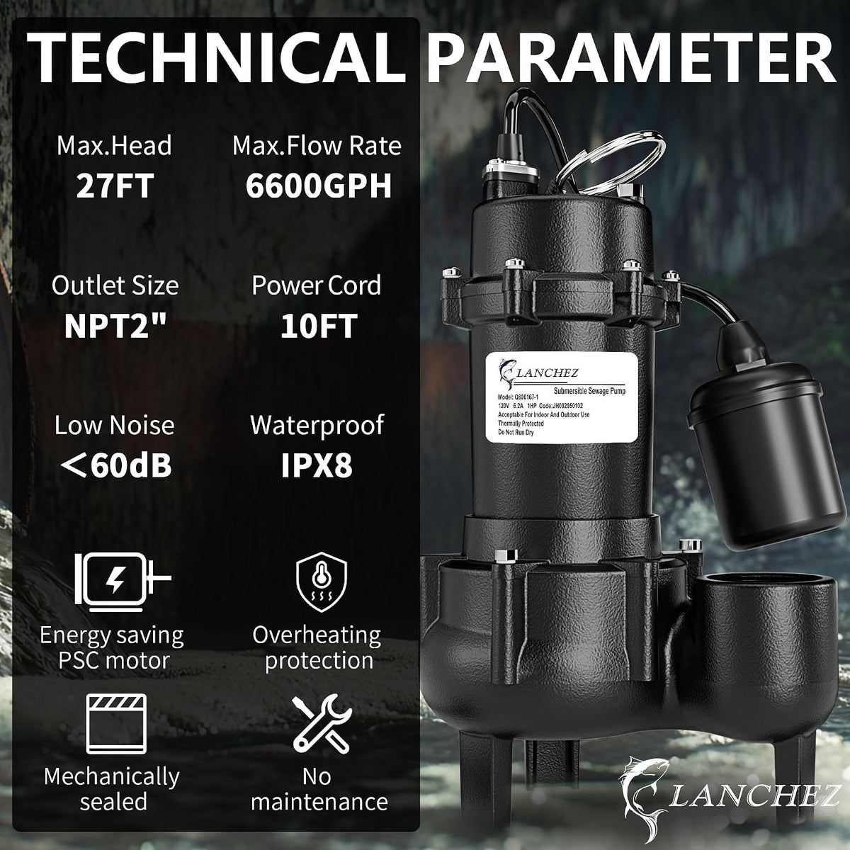 LANCHEZ 1HP 6600 GPH Submersible Sewage Pump, Heavy Duty Cast Iron Effluent Pump with Automatic Tethered Float Switch, Sump Pump for Sump Basin
