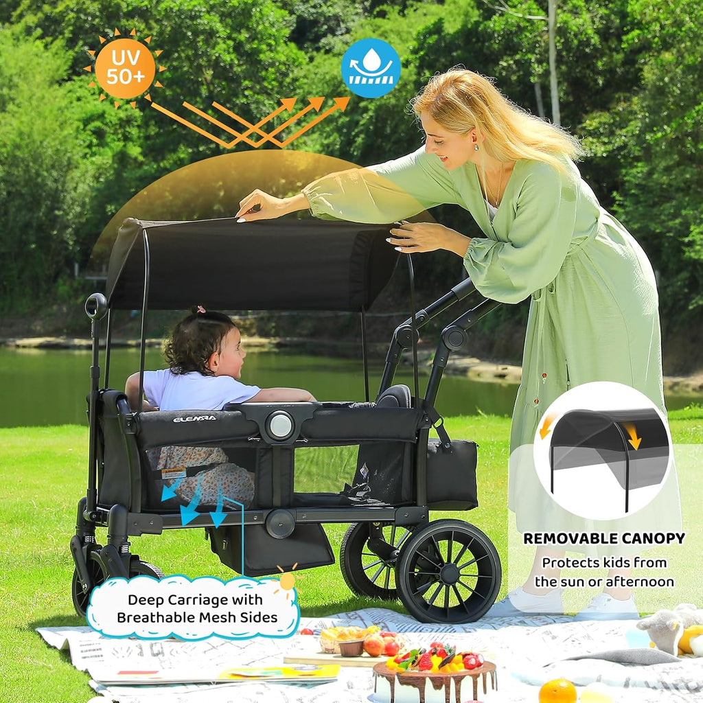 ELEMARA Foldable Wagon Stroller, Stroller Wagon for 2 Kids, Premium All Terrain Wagon for Kids with Removable Canopy, Adjustable Push/Pull Handle