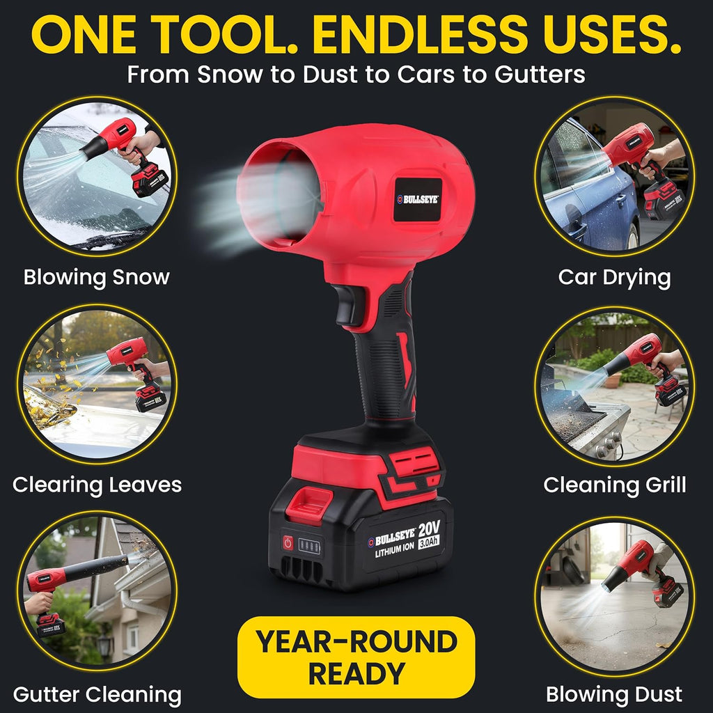 Bullseye Blower Cordless Leaf Blower, Handheld Turbo Jet with 2 Batteries, 20V 350W Electric Air Power for Patio, Garage Cleaning and Car Drying, As