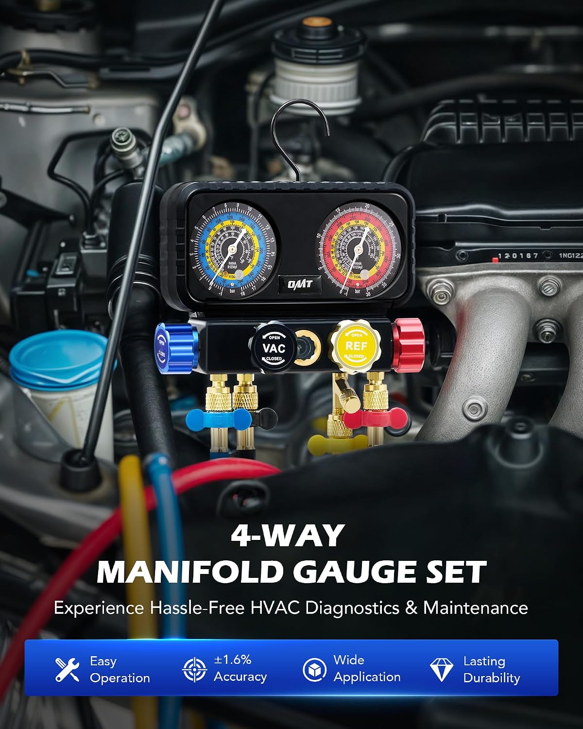 OMT AC Manifold Gauge Set with 5ft Hoses for R1234yf R404a R134a, 4 Way