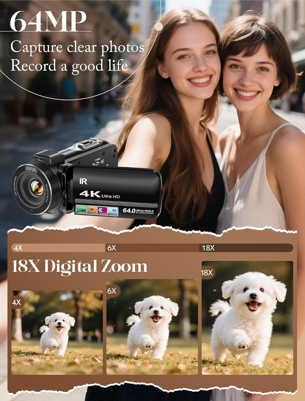 ZYDIIE 4K Video Camera Camcorder UHD 64MP Vlogging Camera for YouTube 18x Digital Zoom 3" 270° Rotation IPS Touchscreen Video Camcorder with Night