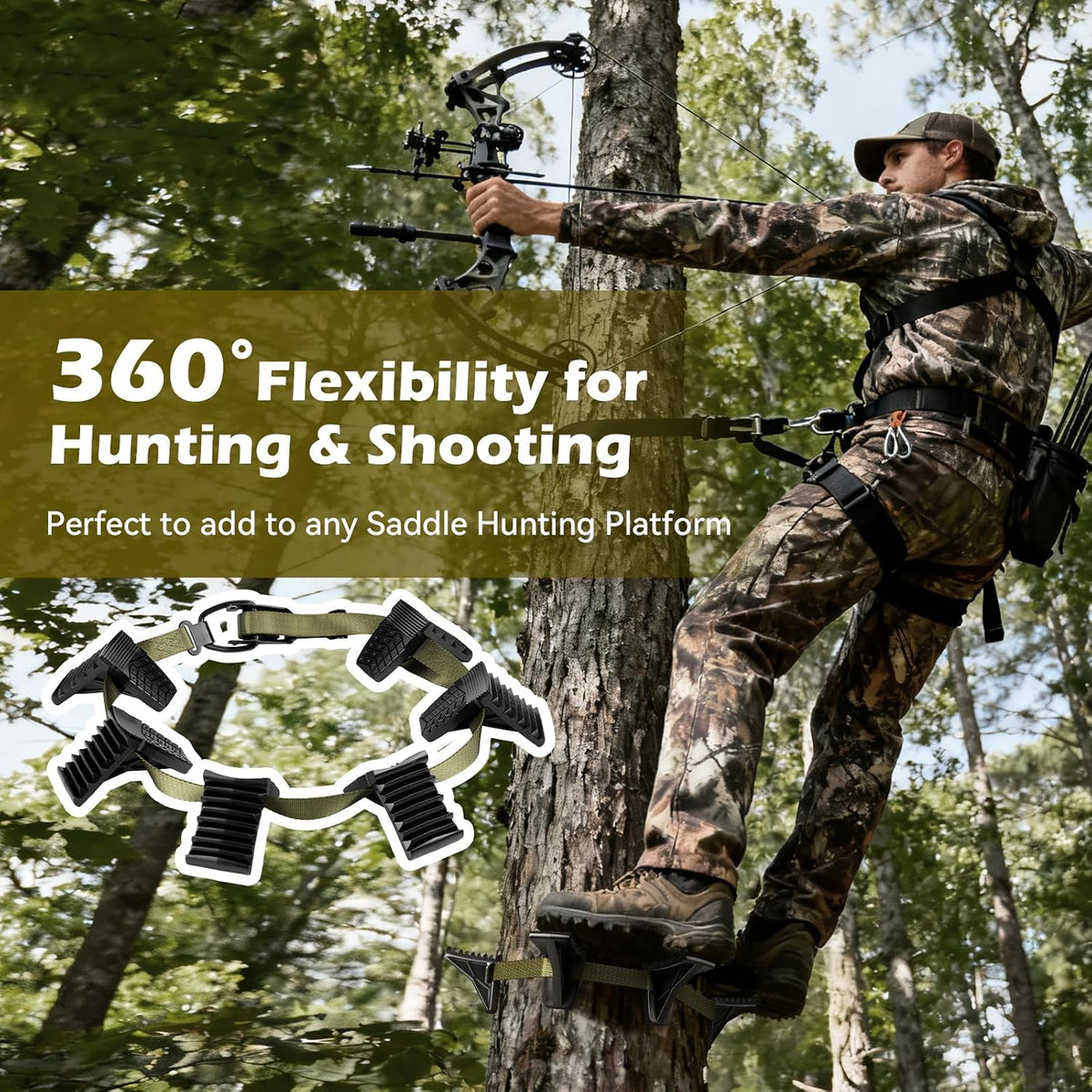 Saddle Hunting Platform Steps, Ultra-Light Ring of Steps for Climbing Bow Hunting with 6 Feet Heavy-Duty Strap & Cam Buckle, Ergonomic Anti-Slip