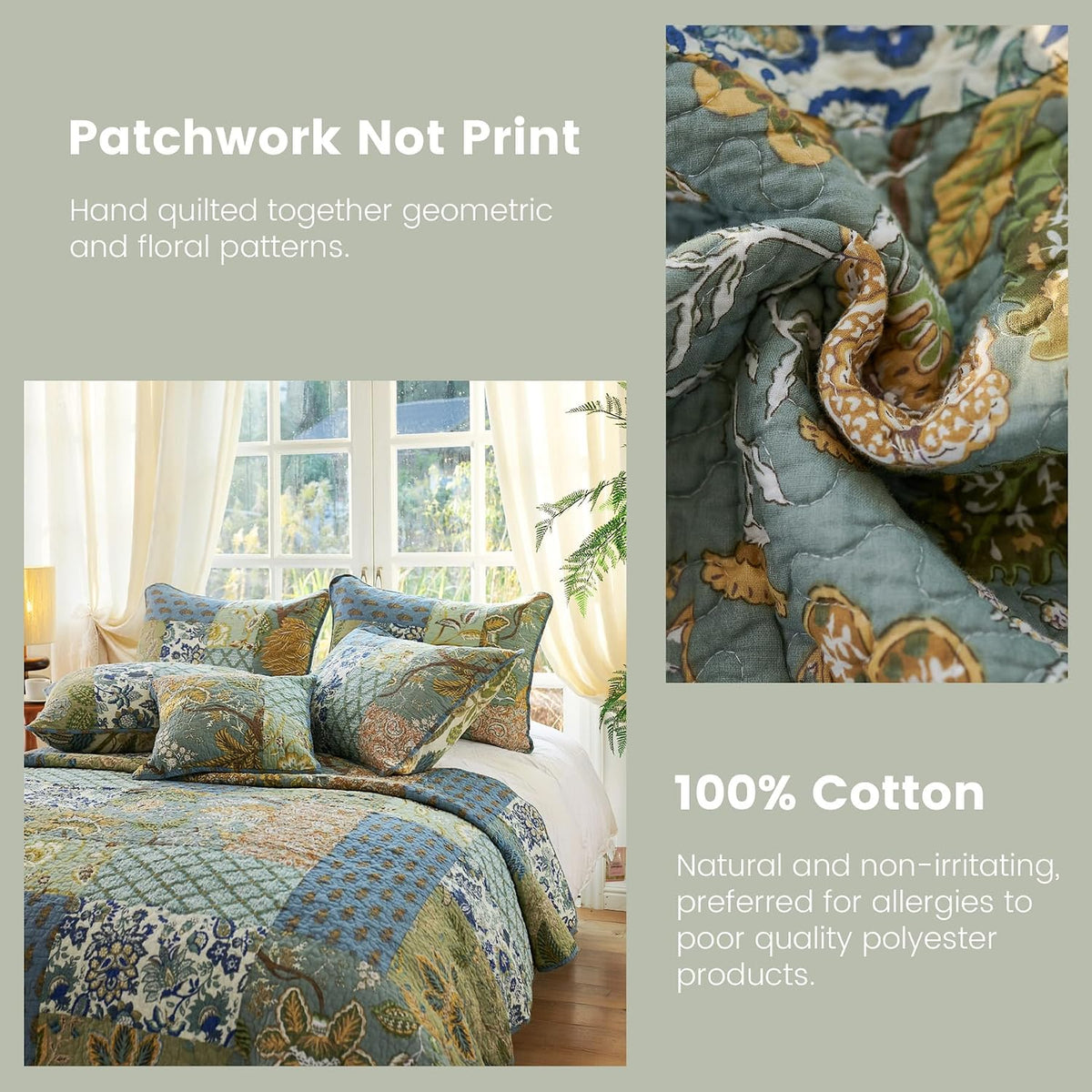 King Size Comforter Set- 100% Cotton Quilt King Size Set, Green, Sage bedspreads (96 * 108 Inch) with 2 Pillow Shams, Patchwork Reversible