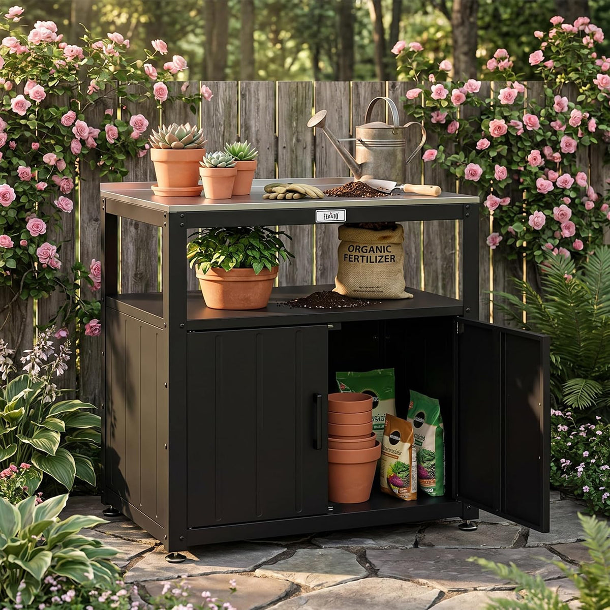 Feasto Metal Outdoor Potting Bench with Storage Cabinet for Garden Work