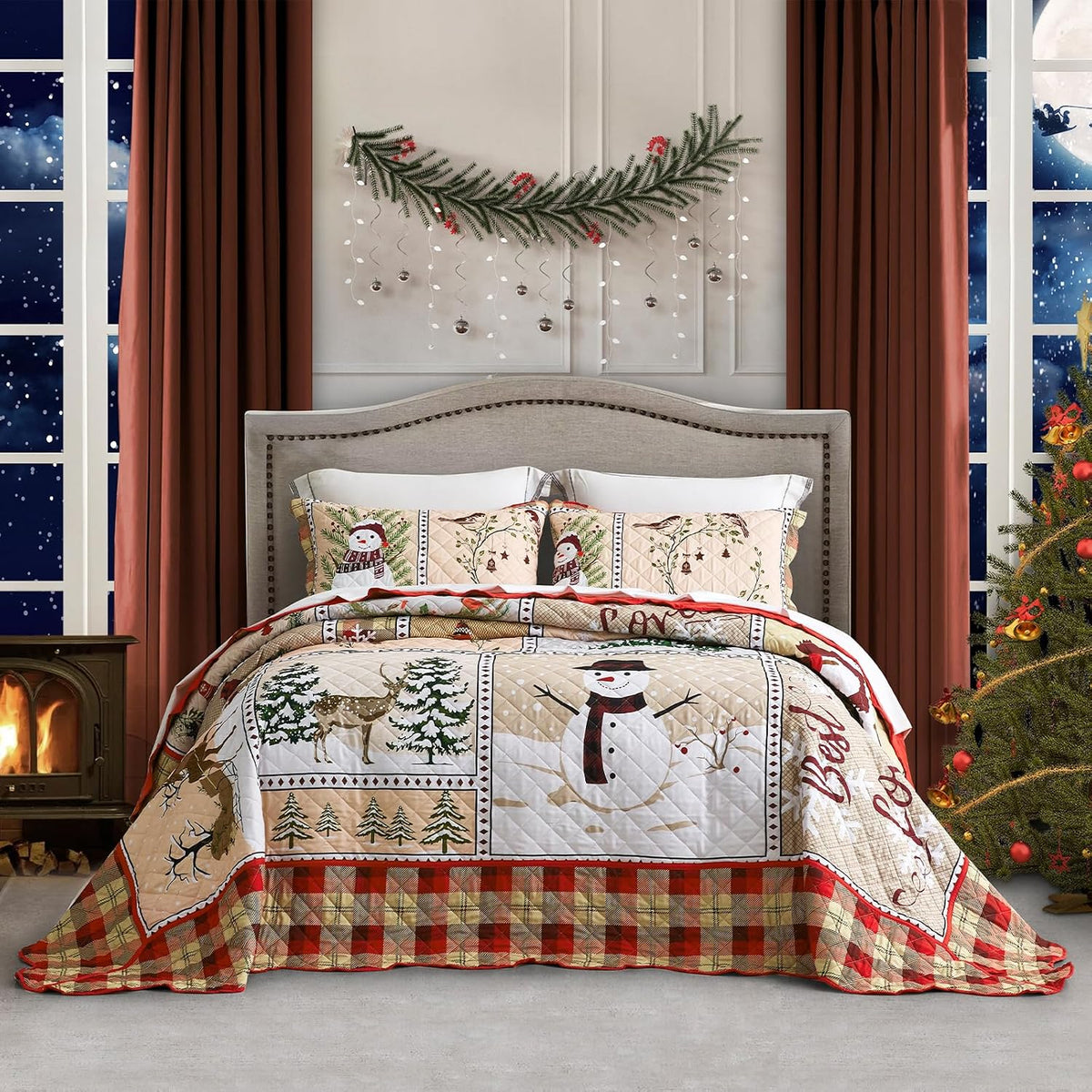 HZ & HY Christmas Oversized King Bedspreads, Quilted Snowman Plaid Pattern
