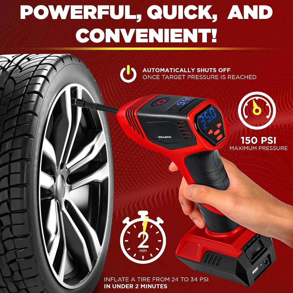 BULLSEYE PRO Tire Inflator with Pressure Gauge, Compact and Portable, Automatic Shut Off, 150 PSI Max, USB Home Rechargeable and Cord for Vehicular