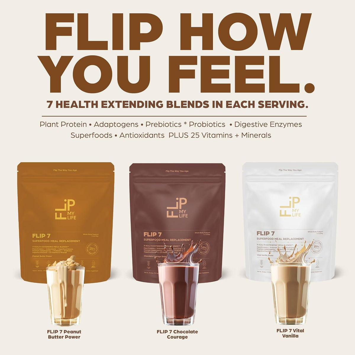 Flip My Life, Flip 7 Natural SuperFood, Plant-Based Protein, Complete Meal Replacement to Support Healthy Gut, 7 Mega Nutrient Rich Blends all in one