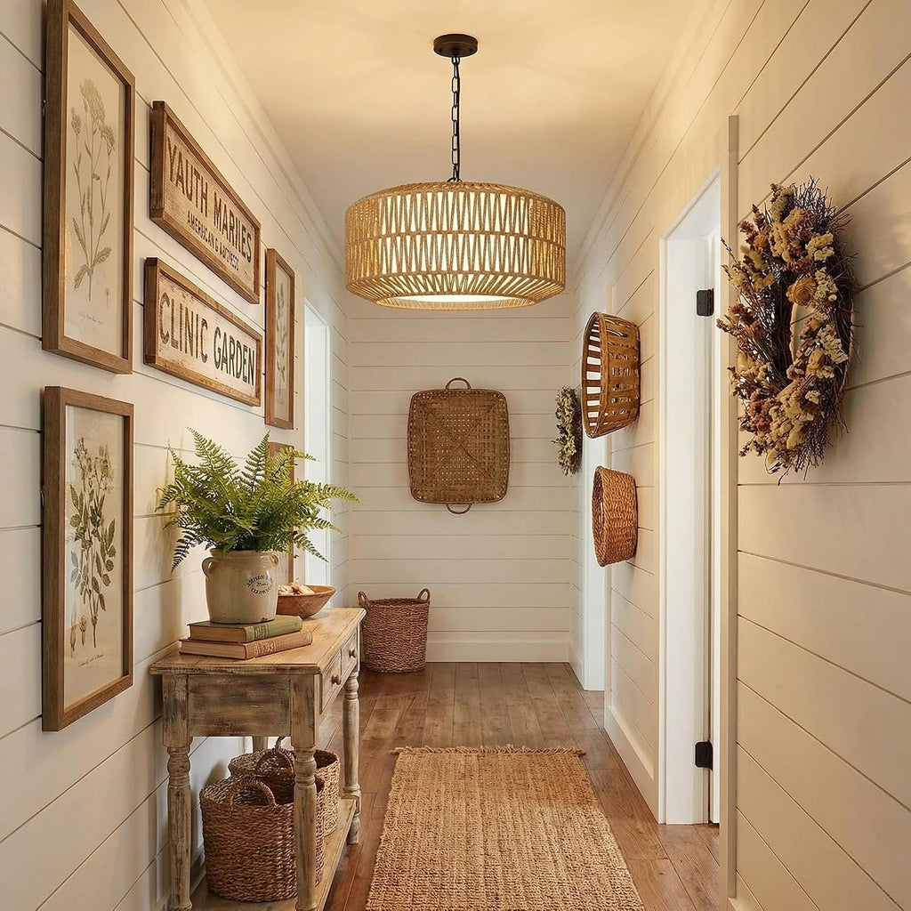 19" Rattan Chandelier for Dining Room, Boho Dining Room Light Fixture