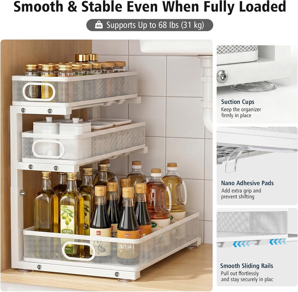 Under Sink Organizer, 3 Tier Pull Out Cabinet Organizer with 5 Adjustable Heights, Metal Under Sink Storage with Sliding Drawers for Kitchen