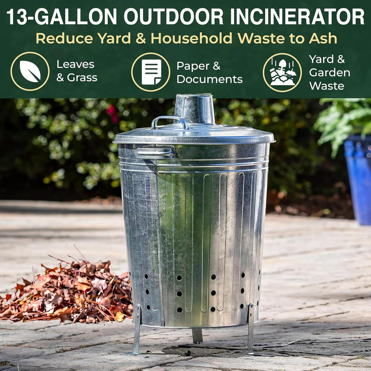Evergreen Incinerator 13 Gallon Burn Barrel with Lid | Yard Waste Garden Incinerator | Galvanized Steel Burn Cage Incinerator for Paper Leaf Paper