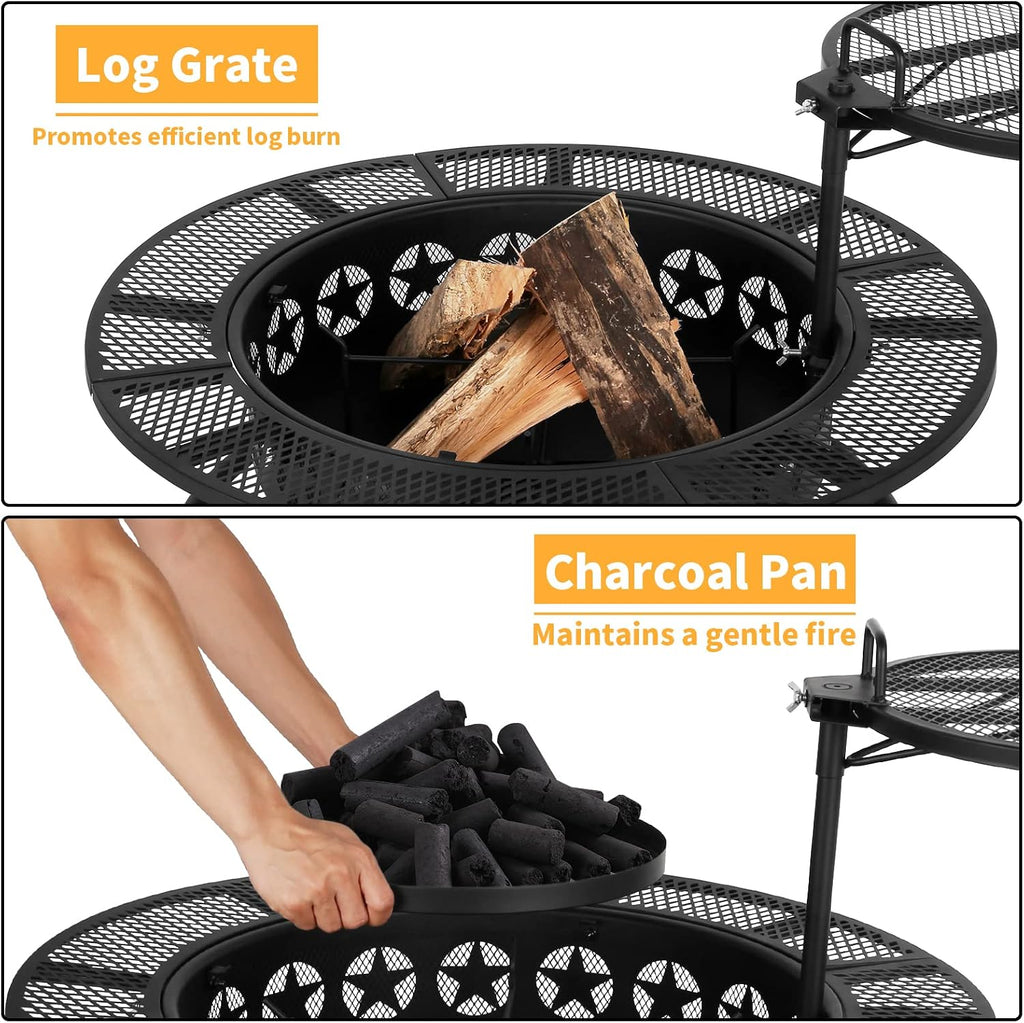 Hykolity 35 Inch Fire Pit with 2 Cooking Grate & Charcoal Pan, Outdoor Wood Burning BBQ Grill Firepit Bowl with Cover Lid, Steel Round Table for