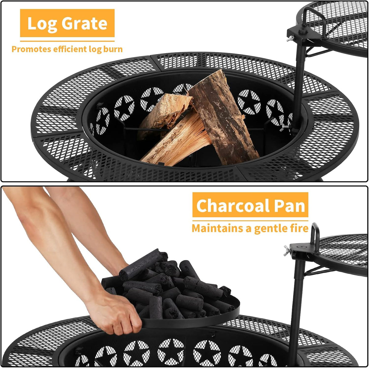 Hykolity 35 Inch Fire Pit with 2 Cooking Grate & Charcoal Pan, Outdoor Wood Burning BBQ Grill Firepit Bowl with Cover Lid, Steel Round Table for