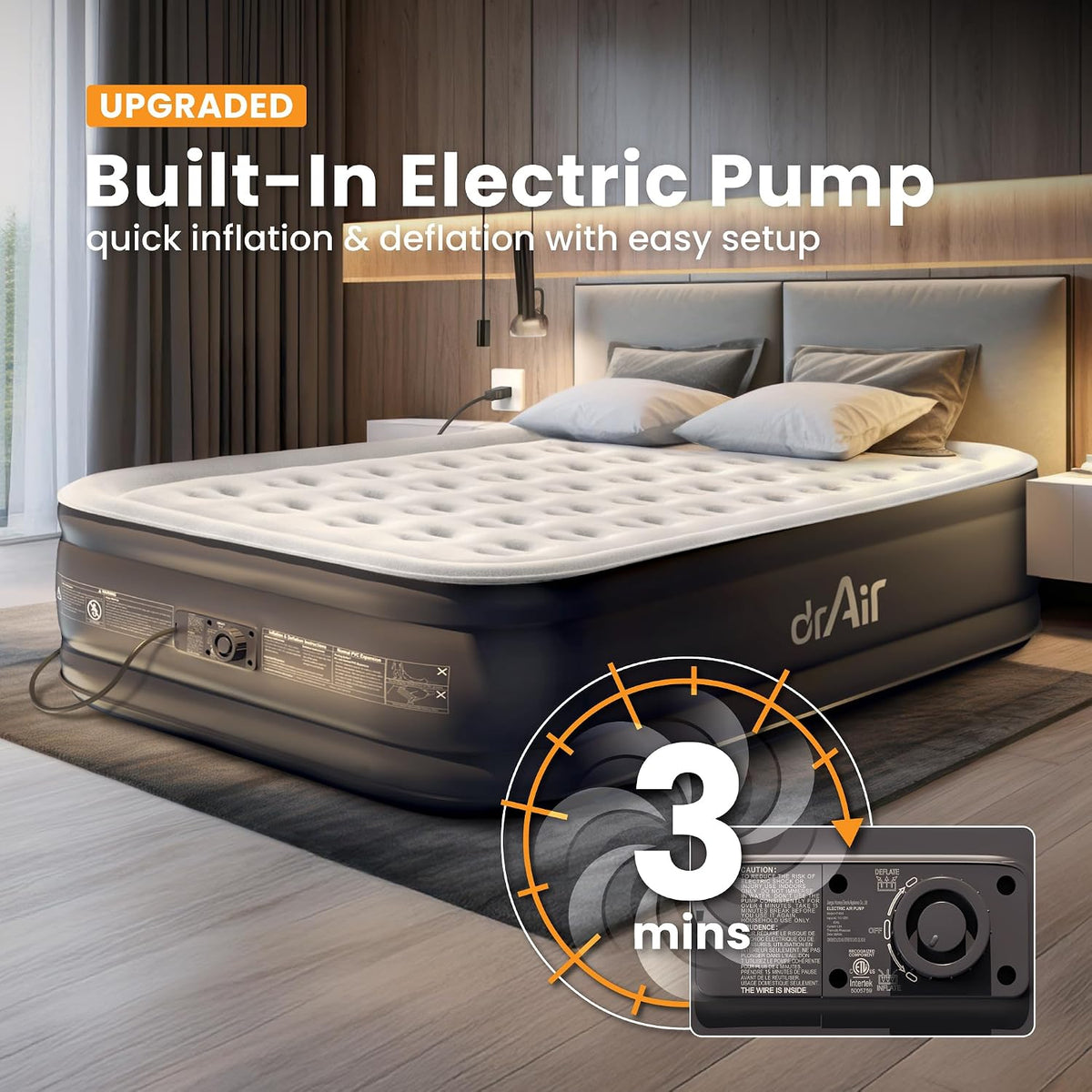 Dr. air Queen Air Mattress with Built-in Pump, 18" Raised Blow Up Mattress, 800 lbs Max Honeycomb Air Bed, 48Hr Leak-Proof Test, 3min Inflatable
