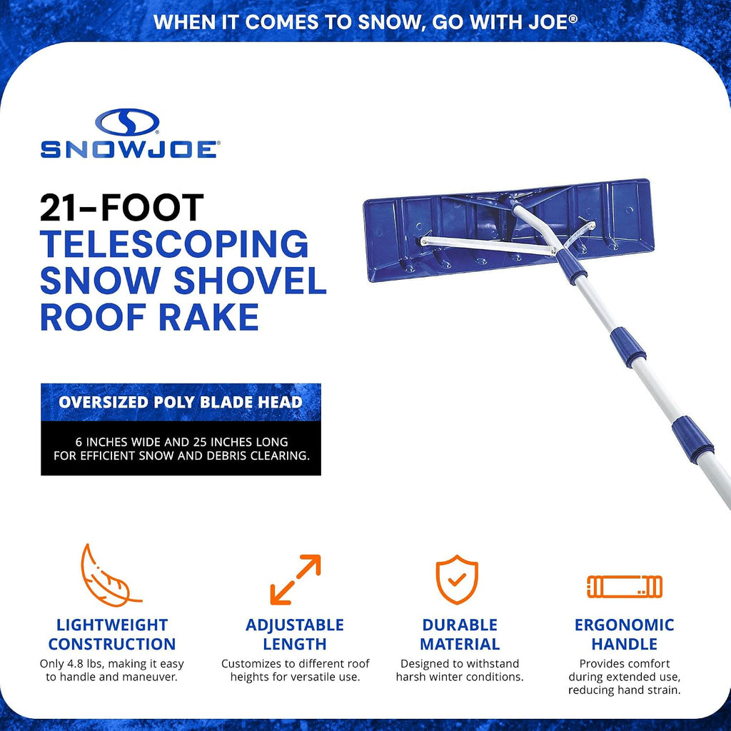 Snow Joe Telescoping Roof Rake, Extendable Leaf & Snow Shovel with Poly Blade, 25 Inch Wide, RJ204M