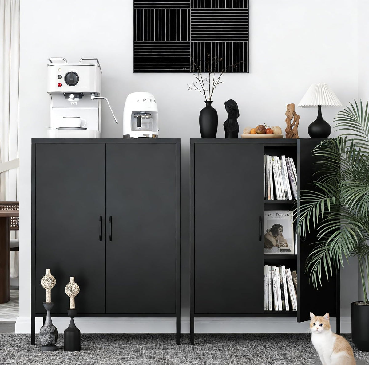Metal Locker Cabinet, Black Storage Cabinets with 2 Doors and Adjustable Shelves, 3 Tier Modern Storage Freestanding Sideboard for Living Room,School