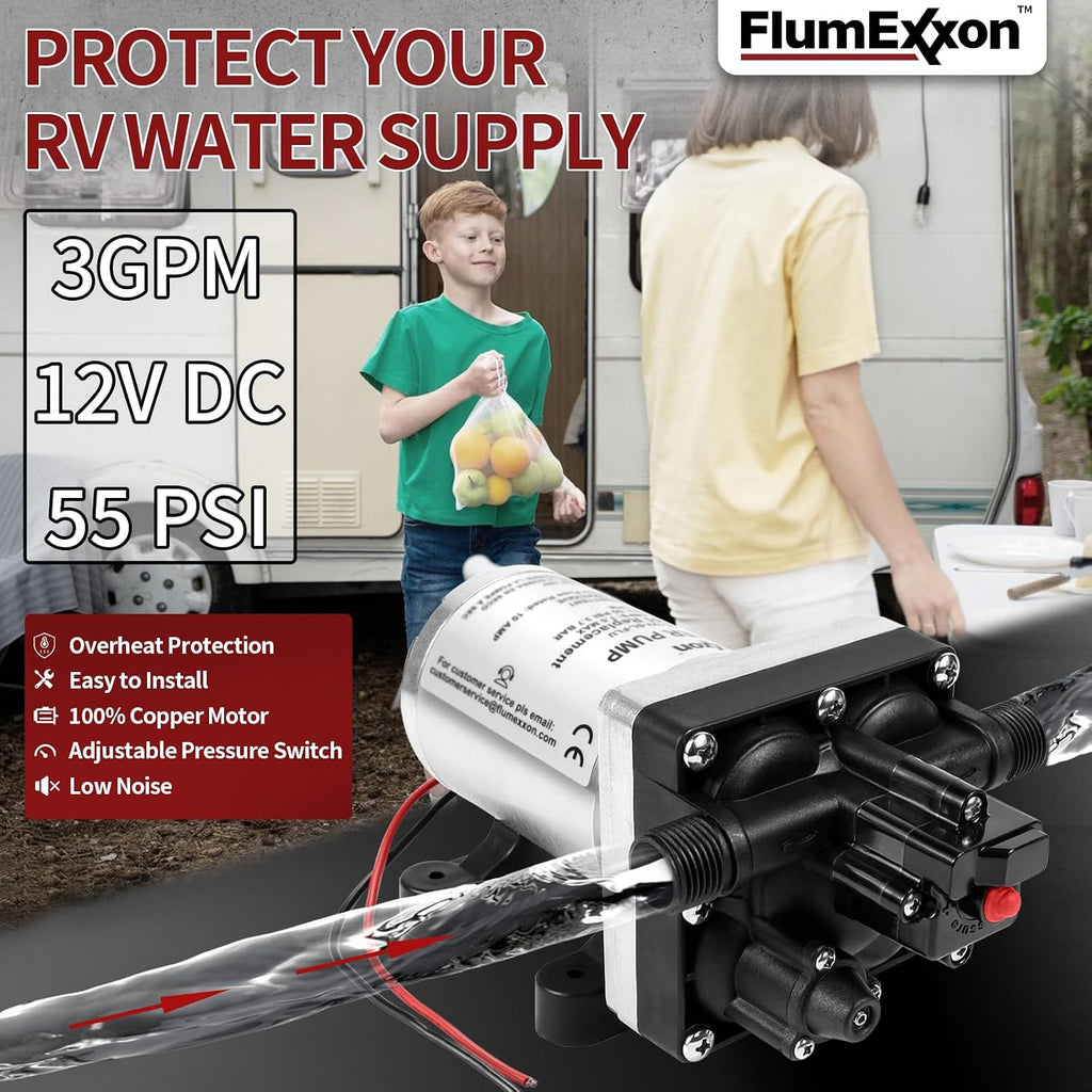 RV Water Pump 4008-101-A65/E65 Replacement, 3.0 GPM 55PSI, 12V DC Quiet RV Fresh Water Pump with Pressure Switch for Camper RV Shower Garden