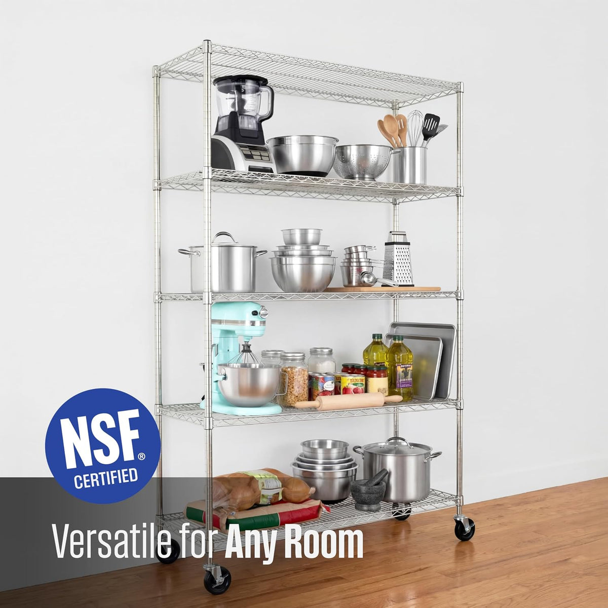 SafeRacks 5-Tier Wire Shelving with Wheels, NSF Heavy Duty 48x18x72 Rack