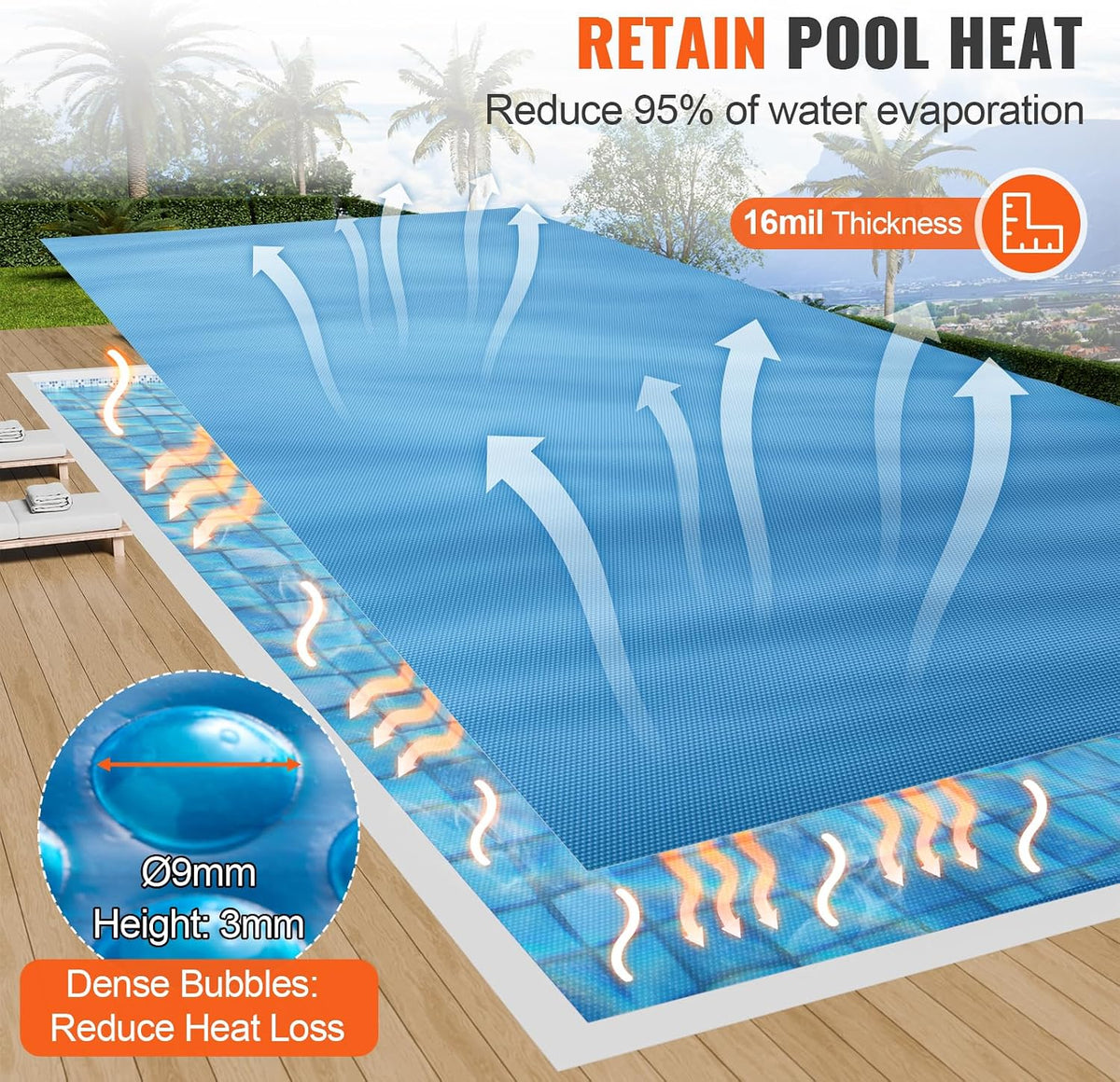 VEVOR Solar Pool Cover, 24 x 12 ft Rectangle Solar Cover 16 mil for Pools, Inground Above Ground Swimming Pool Solar Blanket with Bubble, Heat
